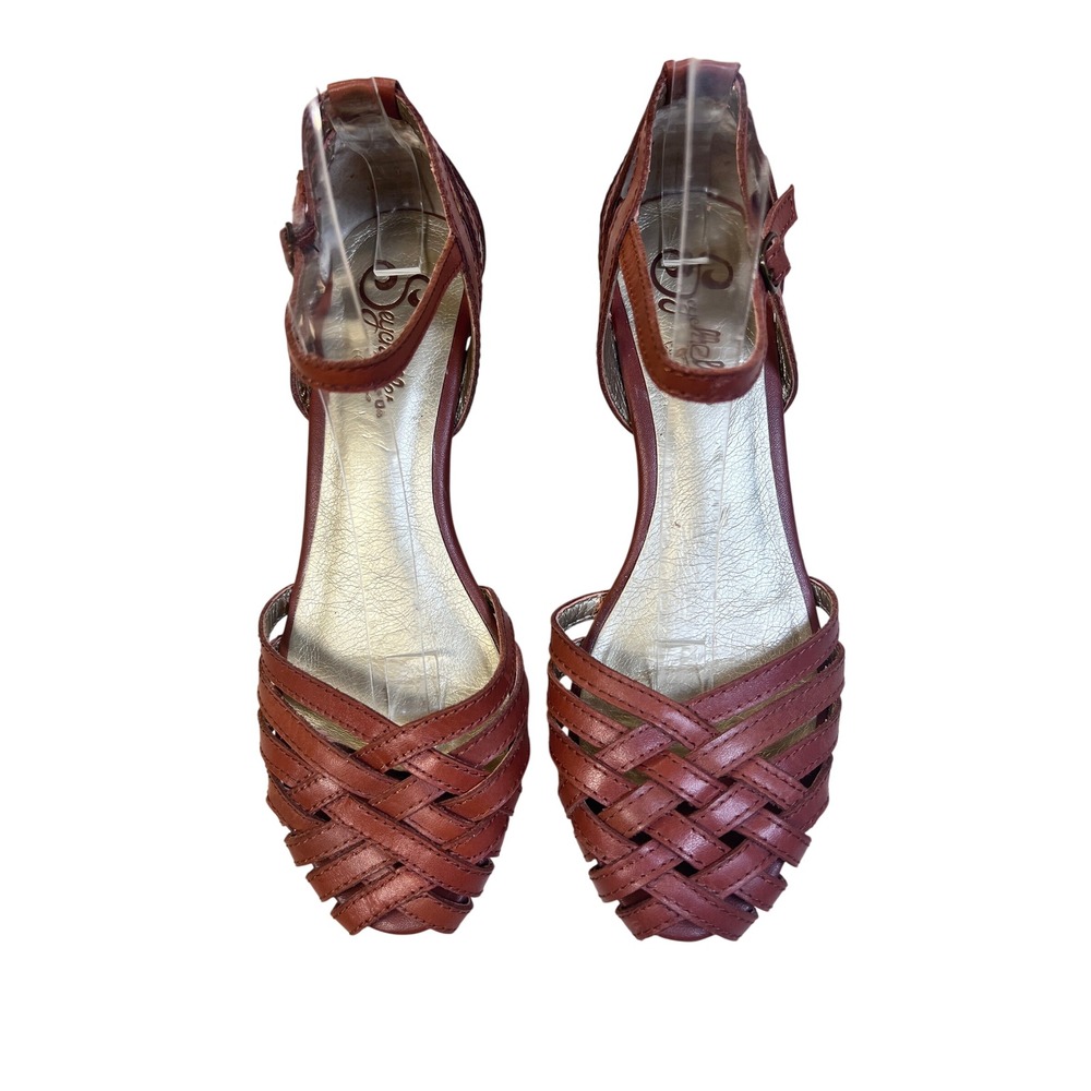 Seychelles Woven Huarache Heels Womens 7 Brown Excellent Kitten Heel Ankle Strap